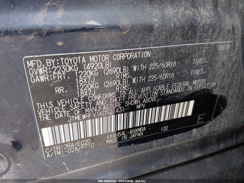 2019 Toyota Rav 4 VIN JTMEWRFV1KD521431 IAAI salvage auction — HAIL, Salvage (Iowa), sold $11,100 on 2026-07-20 (photo 9)
