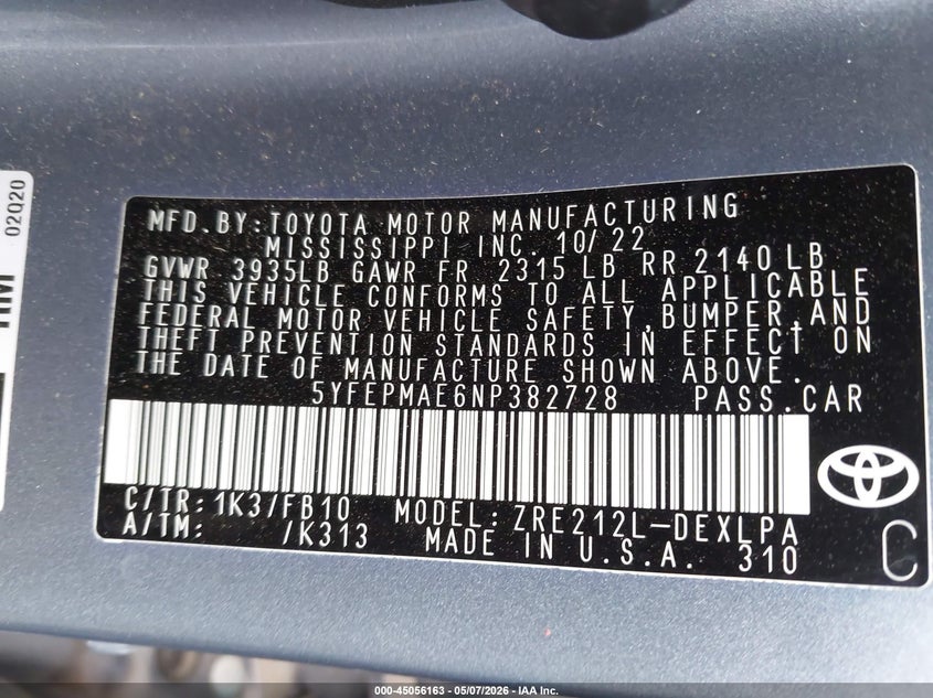 2022 Toyota Corolla VIN 5YFEPMAE6NP382728 IAAI salvage auction — FRONT & REAR, Salvage (Texas), sold $3,600 on 2026-07-07 (photo 9)