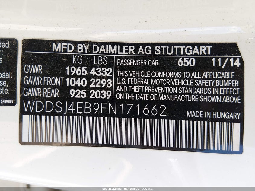 2015 Mercedes-benz Cla-klasse VIN WDDSJ4EB9FN171662 IAAI salvage auction — ENGINE DAMAGE, Wait Title, sold $1,050 on 2026-08-18 (photo 9)