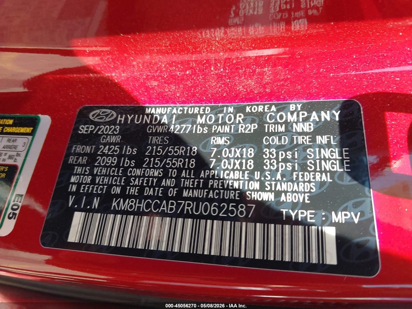 2024 Hyundai Kona VIN KM8HCCAB7RU062587 IAAI salvage auction — REAR END, Salvage (Utah), sold $10,450 on 2026-07-16 (photo 9)