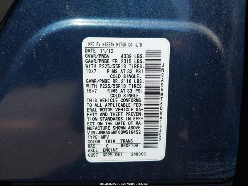 2013 Nissan Rogue VIN JN8AS5MT6DW516452 IAAI salvage auction — FRONT END, Salvage (California), sold $200 on 2026-07-08 (photo 9)