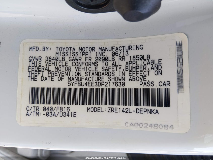 2013 Toyota Corolla VIN 5YFBU4EE3DP217630 IAAI salvage auction — FRONT END, Salvage (Nevada), sold $1,150 on 2026-07-24 (photo 9)