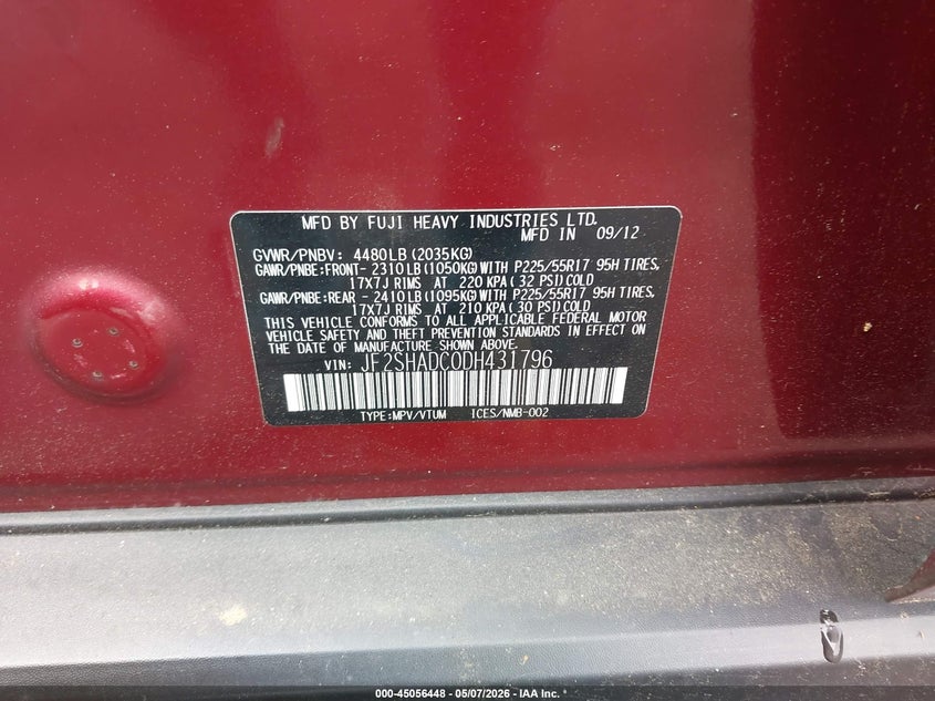 2013 Subaru Forester VIN JF2SHADC0DH431796 IAAI salvage auction — NORMAL WEAR, Clear (Maryland), sold $275 on 2026-07-29 (photo 9)