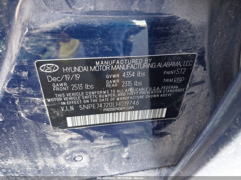 2020 Hyundai Sonata VIN 5NPEJ4J20LH019746 IAAI salvage auction — FRONT END, Regular (South Dakota), sold $2,825 on 2026-07-21 (photo 9)
