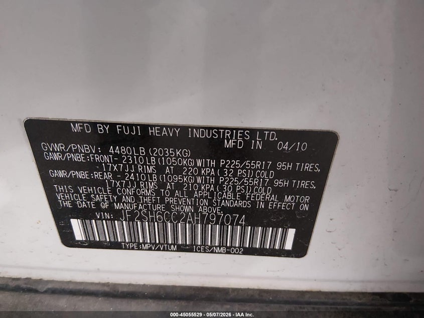 2010 Subaru Forester VIN JF2SH6CC2AH797074 IAAI salvage auction — FRONT & REAR, Prior Salvage (Minnesota), sold $525 on 2026-07-14 (photo 9)