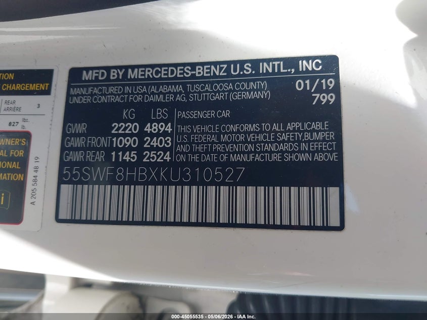 2019 Mercedes-benz VIN 55SWF8HBXKU310527 IAAI salvage auction — UNDERCARRIAGE, Salvage (California), sold $17,800 on 2026-08-03 (photo 9)