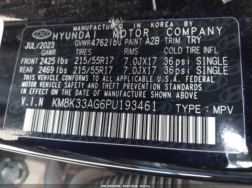 2023 Hyundai Kona VIN KM8K33AG6PU193461 IAAI salvage auction — FRONT END, Certificate Of Destruction (Florida), sold $6,700 on 2026-07-07 (photo 9)