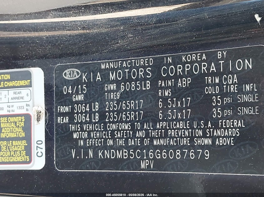 2016 Kia SEDONA VIN KNDMB5C16G6087679 IAAI salvage auction — NORMAL WEAR, Original (Texas), sold $1,400 on 2026-07-14 (photo 9)
