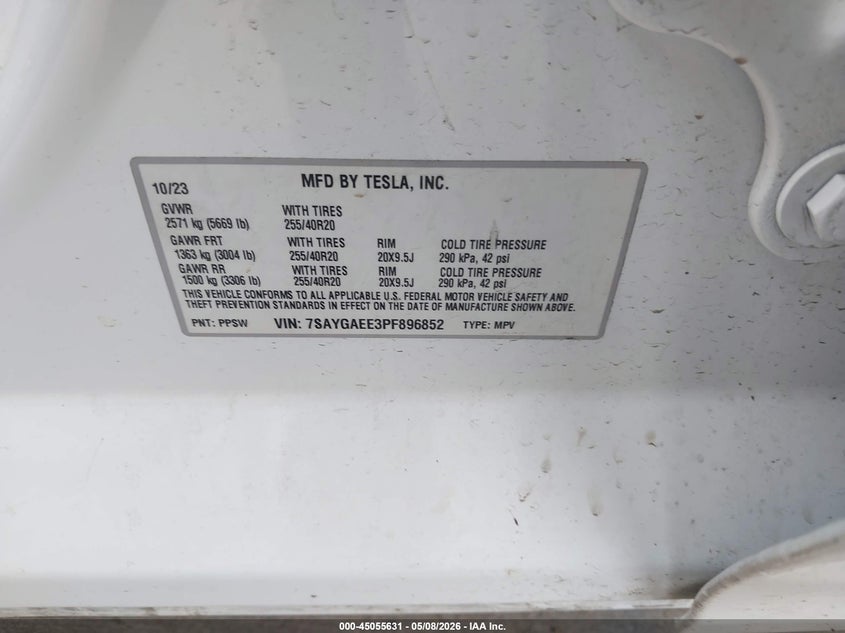 2023 Tesla Model y VIN 7SAYGAEE3PF896852 IAAI salvage auction — FRONT END, Salvage (Texas), sold $5,900 on 2026-07-10 (photo 9)