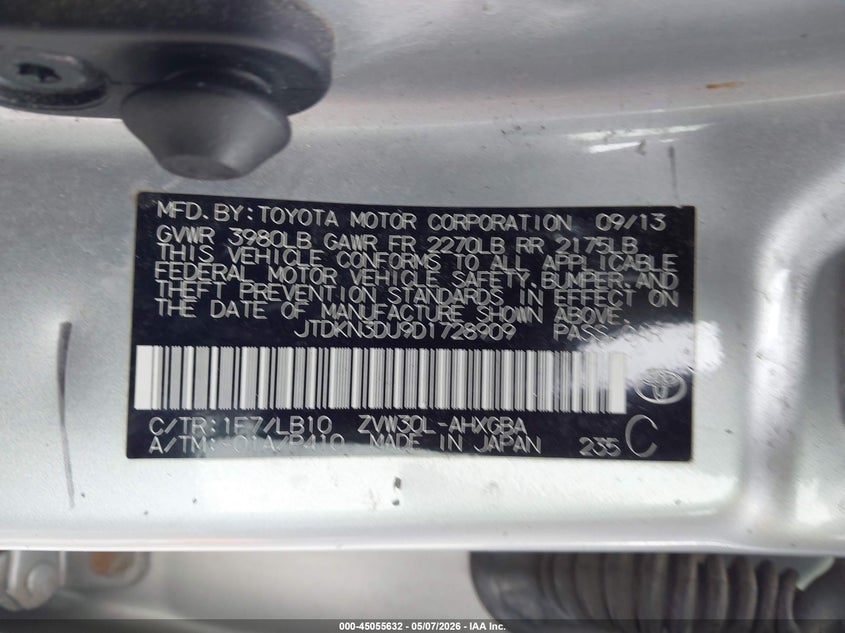 2013 Toyota Prius VIN JTDKN3DU9D1728909 IAAI salvage auction — FRONT END, Repossessed (Missouri), sold $25 on 2026-07-23 (photo 9)