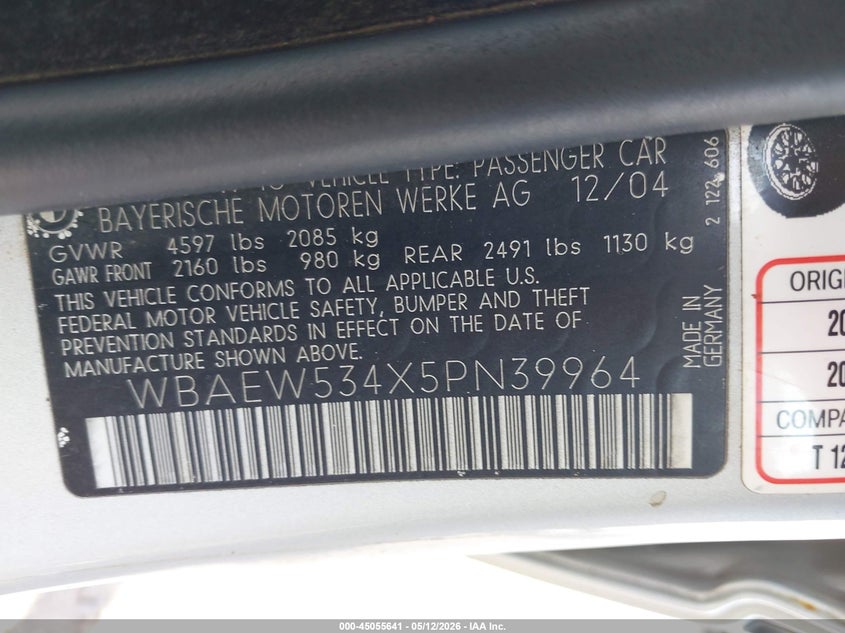 2005 BMW 3er VIN WBAEW534X5PN39964 IAAI salvage auction — LEFT FRONT, Salvage (Oregon), sold $725 on 2026-07-09 (photo 9)