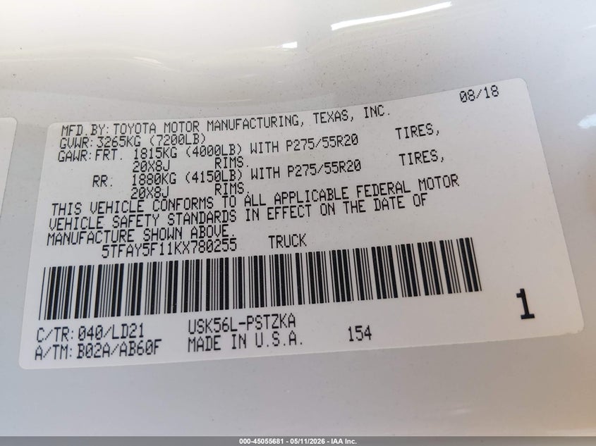 2019 Toyota Tundra VIN 5TFAY5F11KX780255 IAAI salvage auction — FRONT & REAR, Salvage (Arizona), sold $15,650 on 2026-07-14 (photo 9)