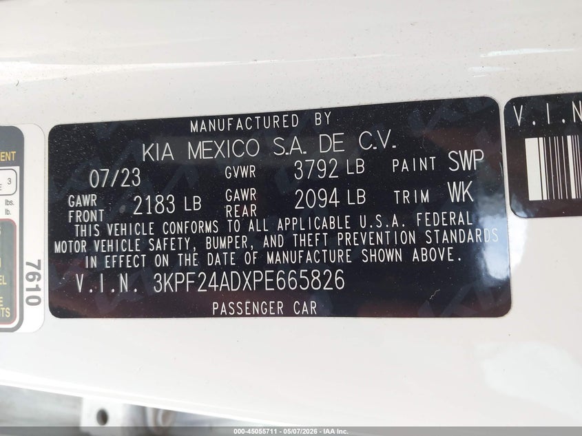 2023 Kia Forte VIN 3KPF24ADXPE665826 IAAI salvage auction — FRONT END, Salvage (Texas), sold $2,200 on 2026-07-09 (photo 9)