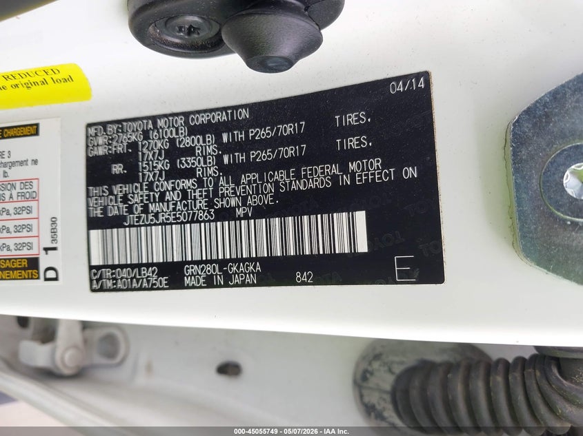 2014 Toyota 4runner VIN JTEZU5JR5E5077863 IAAI salvage auction — FRONT END, Original (Texas), sold $9,600 on 2026-07-28 (photo 9)