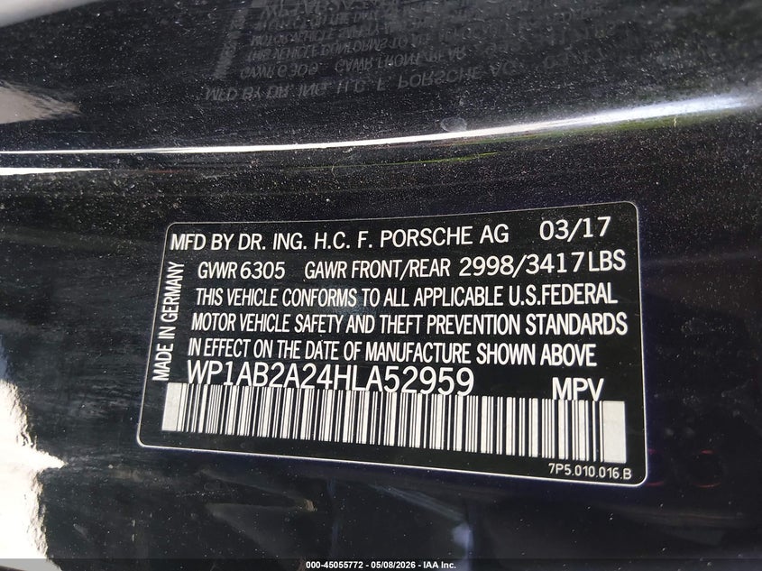 2017 Porsche Cayenne VIN WP1AB2A24HLA52959 IAAI salvage auction — FRONT END, Salvage (Texas), sold $3,250 on 2026-07-08 (photo 9)