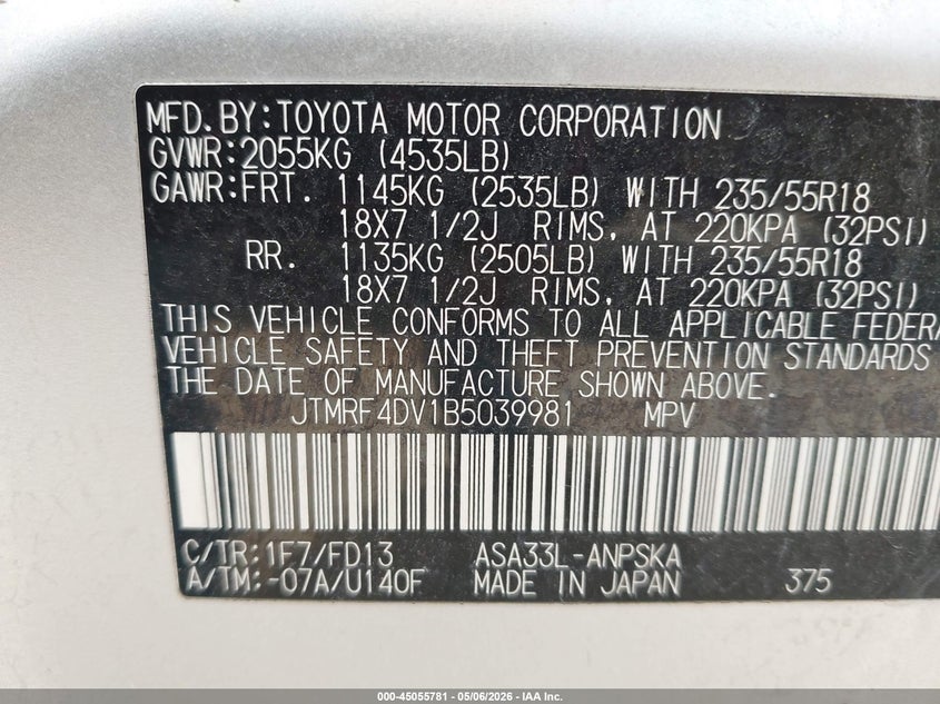 2011 Toyota Rav4 VIN JTMRF4DV1B5039981 IAAI salvage auction — NORMAL WEAR, Certificate Of Title (Nebraska), sold $1,850 on 2026-07-30 (photo 9)