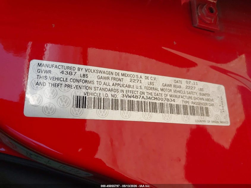 2012 Volkswagen Jetta VIN 3VW487AJ4CM007834 IAAI salvage auction — FRONT END, Original (Texas), sold $3,750 on 2026-08-10 (photo 9)