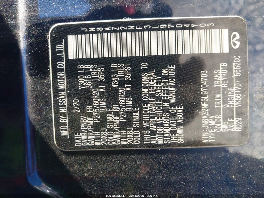 2020 Infiniti Qx80 VIN JN8AZ2NF3L9704703 IAAI salvage auction — REAR END, Salvage (Kentucky), sold $8,800 on 2026-07-28 (photo 9)