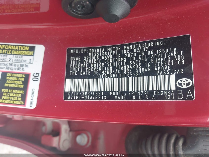 2017 Toyota Corolla VIN 5YFBURHE0HP652801 IAAI salvage auction — FRONT END, Salvage (Texas), sold $900 on 2026-07-22 (photo 9)