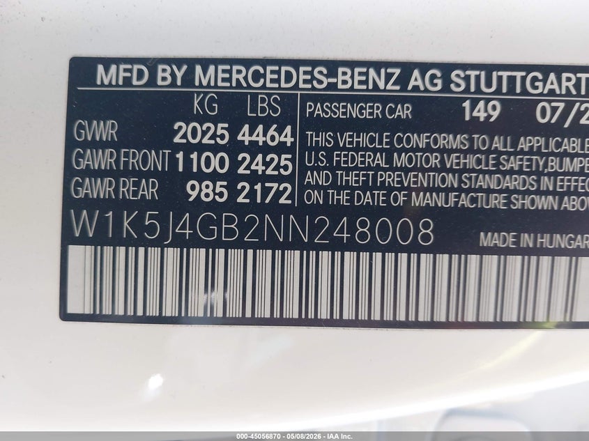2022 Mercedes-benz VIN W1K5J4GB2NN248008 IAAI salvage auction — RIGHT FRONT, Salvage (California), sold $10,900 on 2026-09-03 (photo 9)
