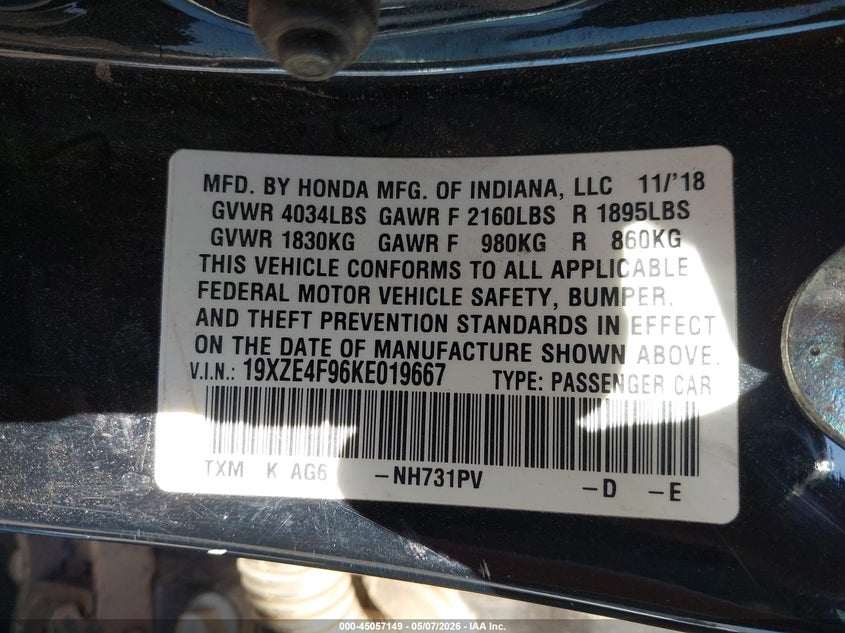 2019 Honda Insight VIN 19XZE4F96KE019667 IAAI salvage auction — HAIL, Clear (Oklahoma), sold $3,900 on 2026-07-08 (photo 9)