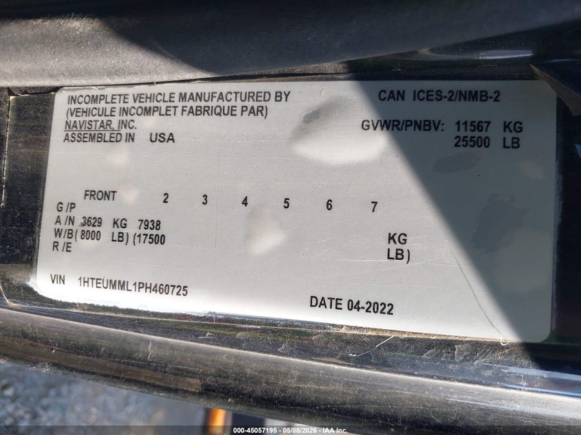 2023 International VIN 1HTEUMML1PH460725 IAAI salvage auction — FRONT END, Salvage (South Carolina), sold $9,600 on 2026-07-29 (photo 8)