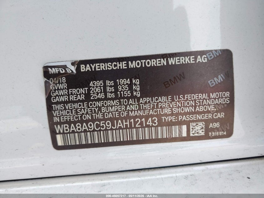 2018 BMW 3er VIN WBA8A9C59JAH12143 IAAI salvage auction — FRONT END, Certificate Of Destruction (Florida), sold $1,800 on 2026-07-26 (photo 9)