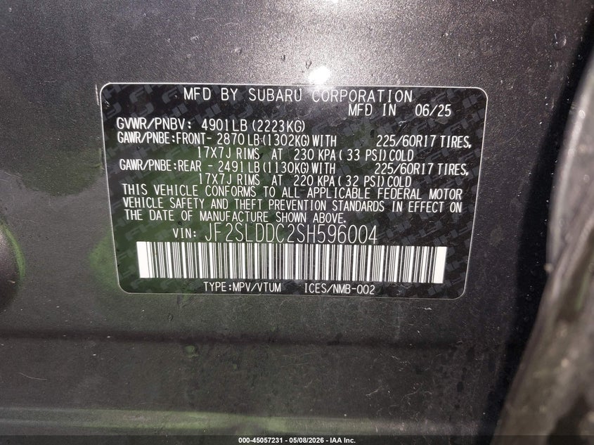 2025 Subaru Forester VIN JF2SLDDC2SH596004 IAAI salvage auction — FRONT END, Mv-907A (New York), sold $6,700 on 2026-07-09 (photo 9)