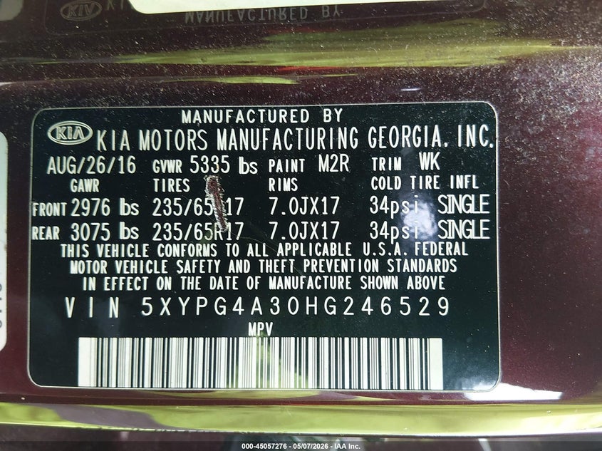 2017 Kia Sorento VIN 5XYPG4A30HG246529 IAAI salvage auction — FRONT END, Salvage (Georgia), sold $1,950 on 2026-07-31 (photo 9)