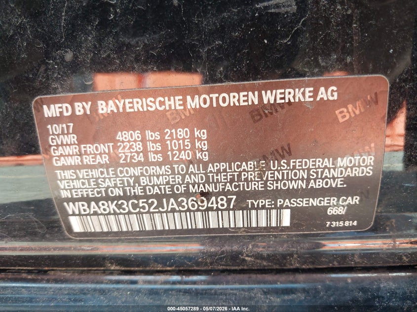 2018 BMW 3er VIN WBA8K3C52JA369487 IAAI salvage auction — LEFT SIDE, Rebuildable (Florida), sold $5,025 on 2026-07-30 (photo 9)