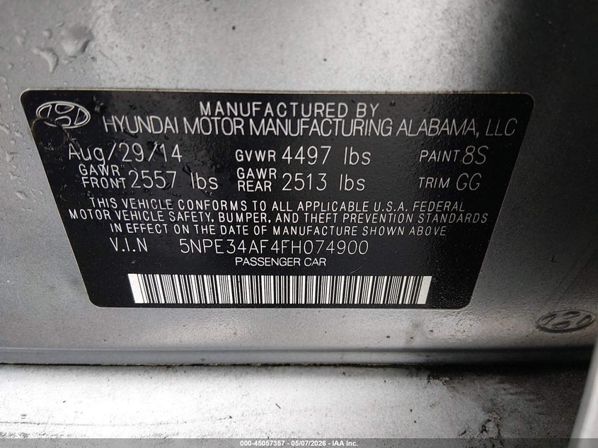 2015 Hyundai Sonata VIN 5NPE34AF4FH074900 IAAI salvage auction — SIDE, Salvage (Delaware), sold $875 on 2026-07-10 (photo 9)