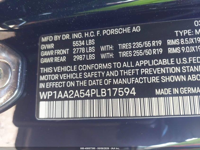 2023 Porsche Macan VIN WP1AA2A54PLB17594 IAAI salvage auction — REAR END, Salvage (North Carolina), sold $29,050 on 2026-07-20 (photo 9)