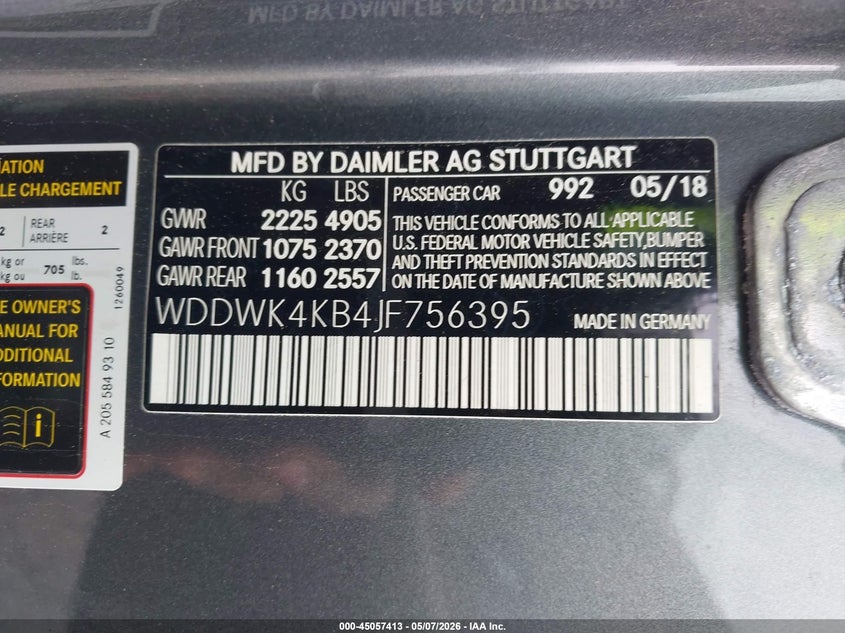 2018 Mercedes-benz VIN WDDWK4KB4JF756395 IAAI salvage auction — FRONT & REAR, Salvage (Georgia), sold $825 on 2026-07-29 (photo 9)