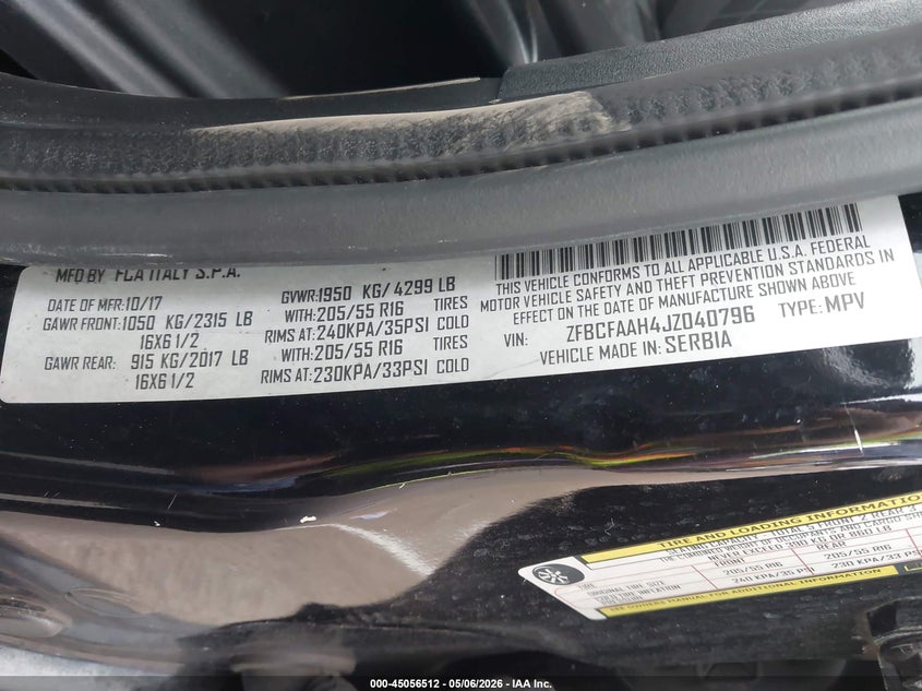 2018 Fiat 500l VIN ZFBCFAAH4JZ040796 IAAI salvage auction — FRONT END, Salvage (Hawaii), sold $275 on 2026-08-18 (photo 9)