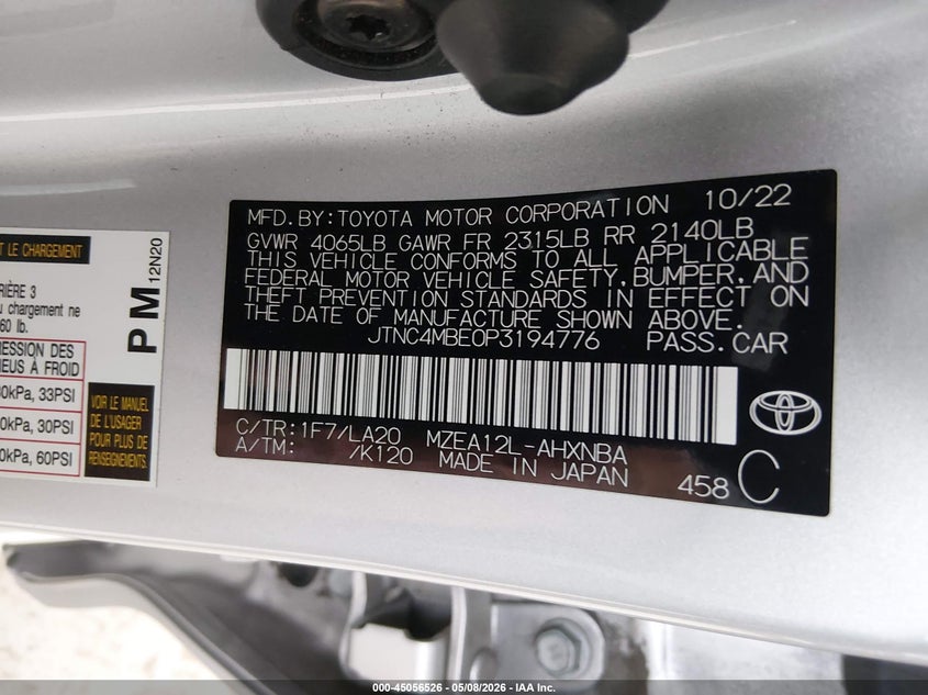 2023 Toyota Corolla VIN JTNC4MBE0P3194776 IAAI salvage auction — FRONT END, Bill Of Sale (Washington), sold $50 on 2026-07-29 (photo 9)