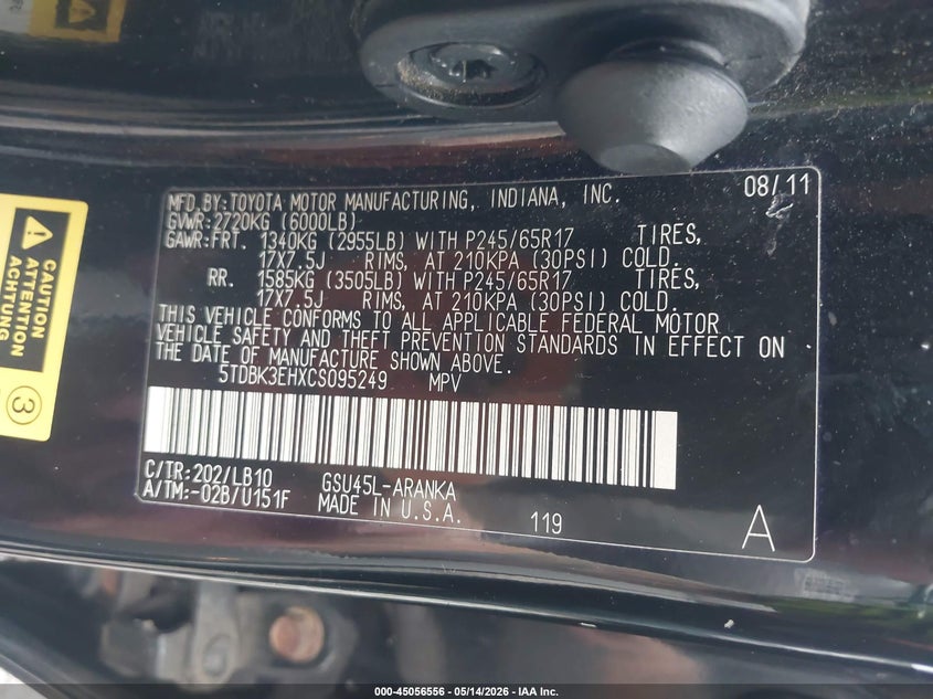 2012 Toyota Highlander VIN 5TDBK3EHXCS095249 IAAI salvage auction — LEFT FRONT, Mv-907A (New York), sold $3,075 on 2026-07-07 (photo 9)