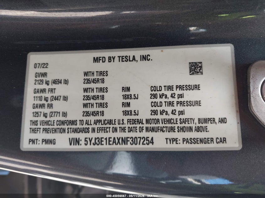 2022 Tesla Model 3 VIN 5YJ3E1EAXNF307254 IAAI salvage auction — REAR END, Salvage (Hawaii), sold $5,275 on 2026-09-10 (photo 9)