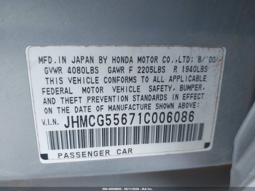 2001 Honda Accord VIN JHMCG55671C006086 IAAI salvage auction — FRONT END, Salvage (Texas), sold $100 on 2026-07-07 (photo 9)