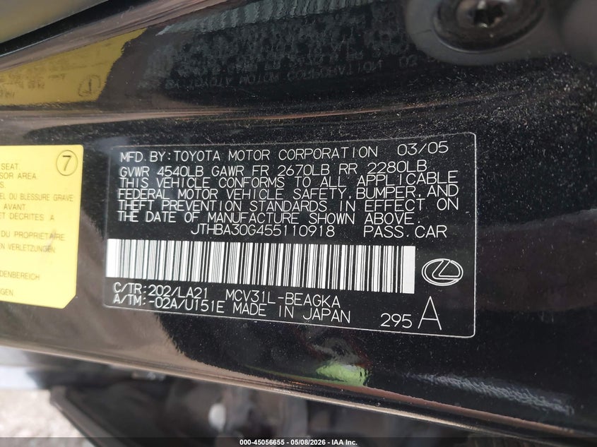2005 Lexus ES VIN JTHBA30G455110918 IAAI salvage auction — RIGHT SIDE, Bill Of Sale (Washington), sold $300 on 2026-07-14 (photo 9)