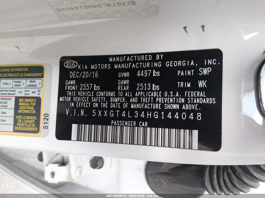 2017 Kia Optima VIN 5XXGT4L34HG144048 IAAI salvage auction — REAR END, Salvage (Utah), sold $1,700 on 2026-07-09 (photo 9)
