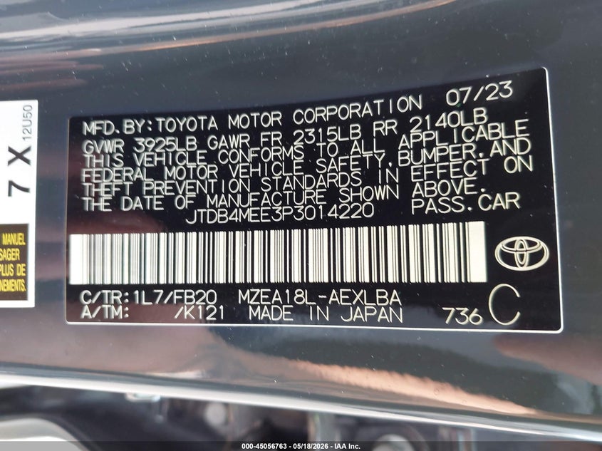 2023 Toyota Corolla VIN JTDB4MEE3P3014220 IAAI salvage auction — LEFT FRONT, Bill Of Sale (Hawaii), sold $4,050 on 2026-07-14 (photo 9)