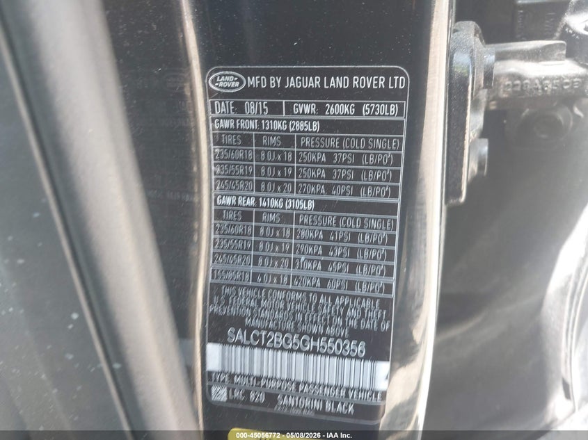 2016 Land rover Discovery sport VIN SALCT2BG5GH550356 IAAI salvage auction — FRONT END, Salvage (California), sold $50 on 2026-07-28 (photo 9)