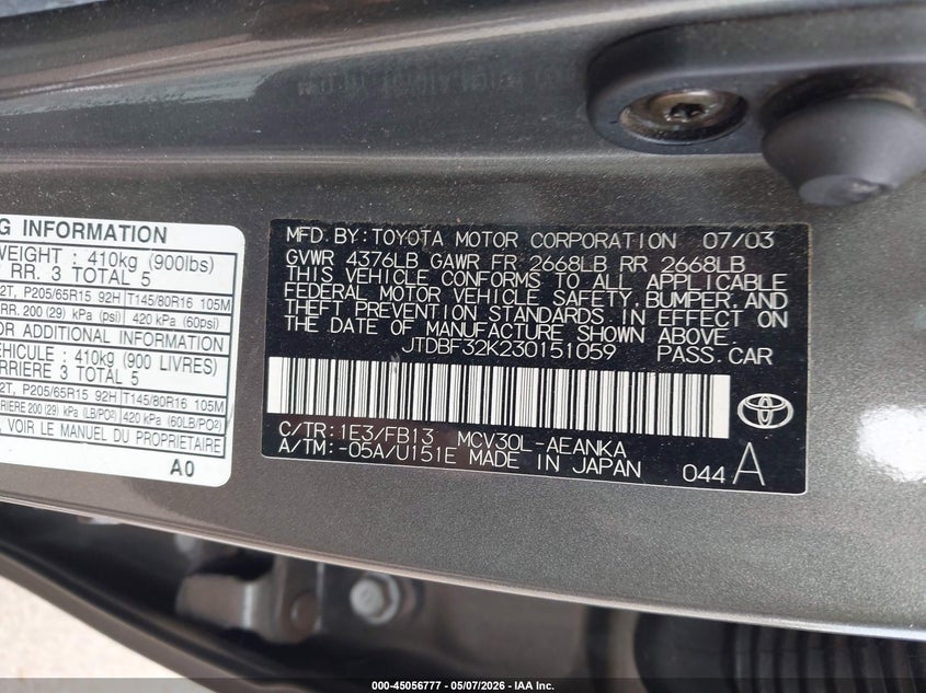 2003 Toyota Camry VIN JTDBF32K230151059 IAAI salvage auction — NORMAL WEAR, Clear (Hawaii), sold $275 on 2026-07-14 (photo 9)