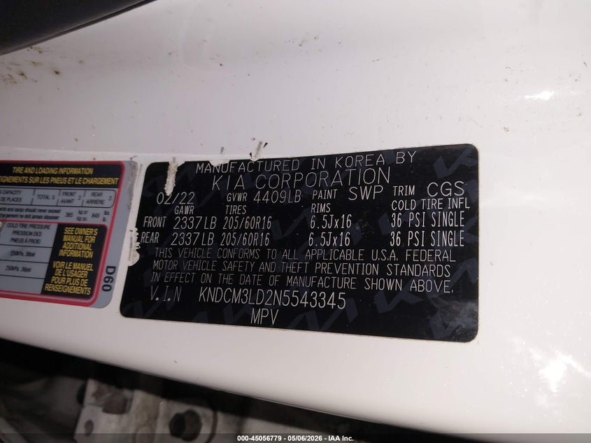 2022 Kia Niro VIN KNDCM3LD2N5543345 IAAI salvage auction — FRONT END, Salvage (Oregon), sold $4,400 on 2026-07-30 (photo 9)