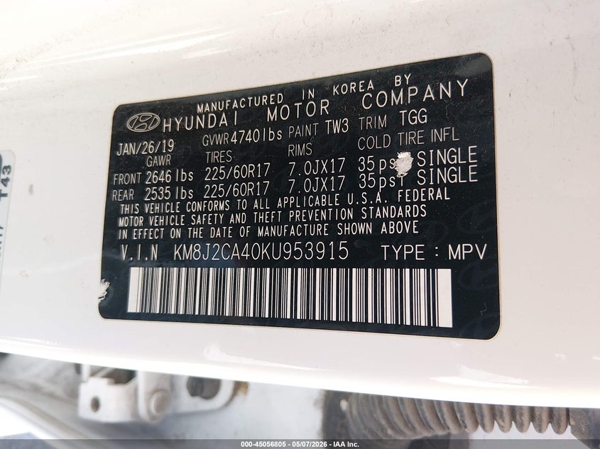 2019 Hyundai Tucson VIN KM8J2CA40KU953915 IAAI salvage auction — REAR END, Salvage (Nevada), sold $1,600 on 2026-07-24 (photo 9)