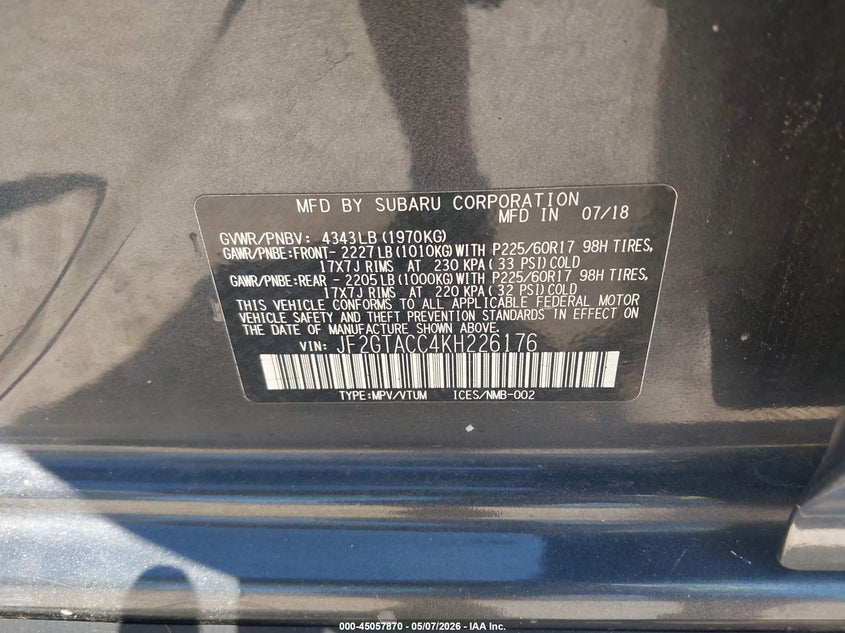 2019 Subaru Xv VIN JF2GTACC4KH226176 IAAI salvage auction — FRONT END, Rebuildable (Florida), sold $3,750 on 2026-07-21 (photo 9)