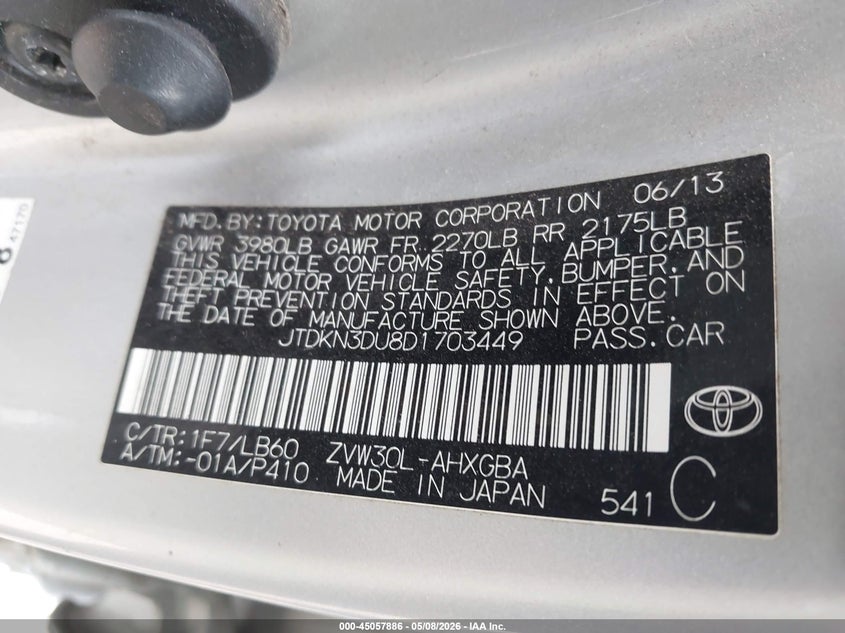 2013 Toyota Prius VIN JTDKN3DU8D1703449 IAAI salvage auction — FRONT END, Clear (Indiana), sold $1,500 on 2026-07-08 (photo 9)