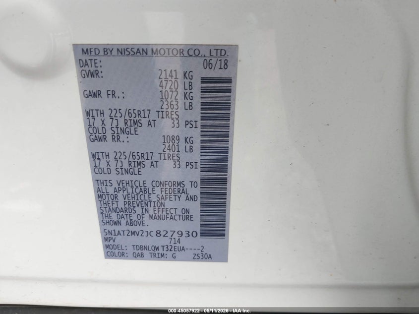 2018 Nissan Rogue VIN 5N1AT2MV2JC827930 IAAI salvage auction — SIDE, Salvage - Greater Than 75% (Maryland), sold $1,650 on 2026-07-24 (photo 9)