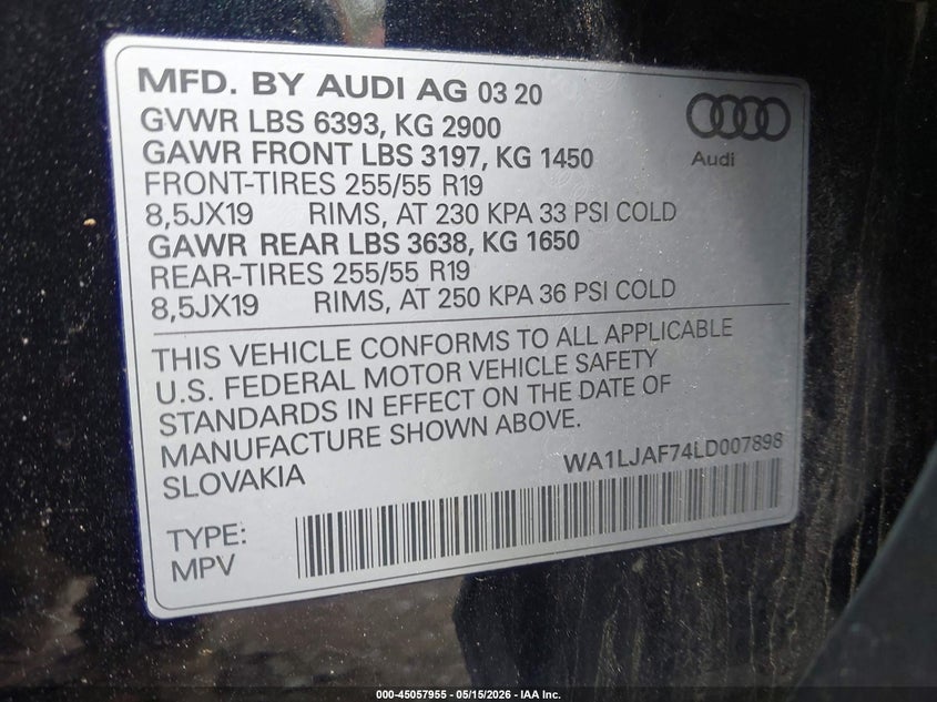 2020 Audi Q7 VIN WA1LJAF74LD007898 IAAI salvage auction — FRONT END, Salvage (New Jersey), sold $14,000 on 2026-08-02 (photo 9)