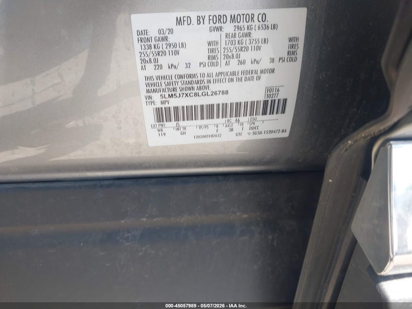 2020 Lincoln Aviator VIN 5LM5J7XC8LGL26788 IAAI salvage auction — FRONT END, Salvage (Illinois), sold $7,900 on 2026-07-21 (photo 9)